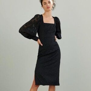Hutch Black Lace Square-Neck Midi Dress with Puff Sleeves